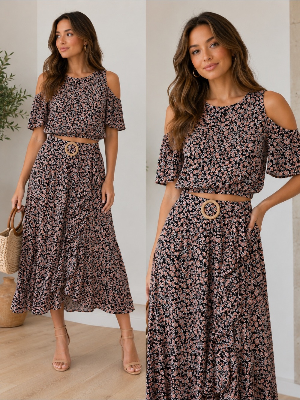 Floral Cold-Shoulder Maxi Skirt - Black/Pink Boho Cottagecore Set